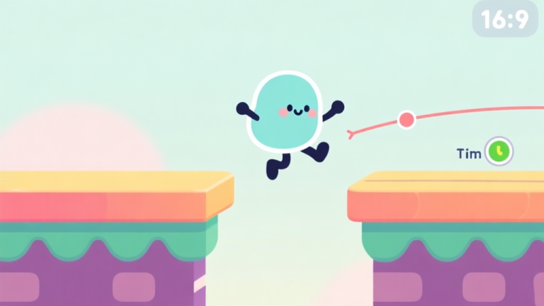 自动生成图片: A minimalist game screenshot style showing a cute blob character mid-jump between two colorful platforms, with a trajectory line and perfect timing indicator, soft pastel background high quality illustration, detailed, 16:9