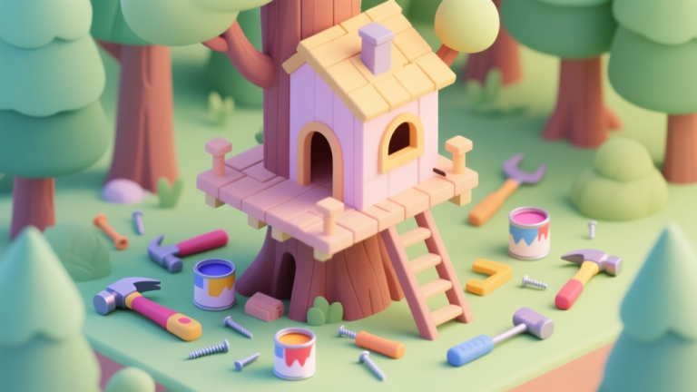 自动生成图片: A cheerful isometric illustration of a half-built treehouse in a friendly forest, with scattered colorful building tools like a hammer, nails, and paint cans around it, soft pastel color palette high quality illustration, detailed, 16:9