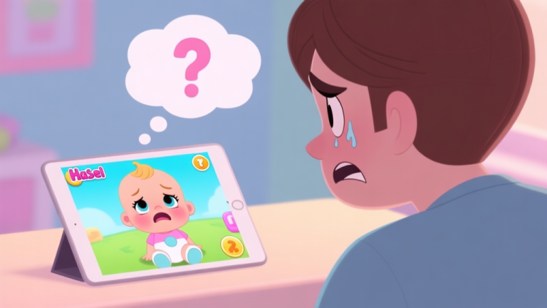 自动生成图片: A frustrated player looking at a tablet screen showing a sick Baby Hazel character in a game, with a thought bubble containing question marks, soft pastel colors high quality illustration, detailed, 16:9