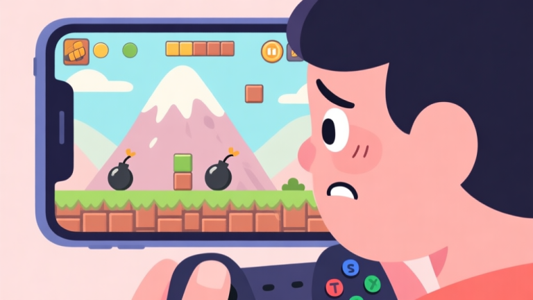自动生成图片: A frustrated mobile gamer looking at a challenging puzzle level on a phone screen, with a mountain and bombs in the game, soft pastel colors, cartoon illustration style high quality illustration, detailed, 16:9