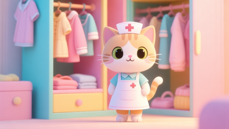 自动生成图片: A cute, stylized kitten character in a simple nurse apron standing in front of a colorful wardrobe with various clothing options, soft pastel color palette, warm lighting, inviting and playful atmosphere high quality illustration, detailed, 16:9