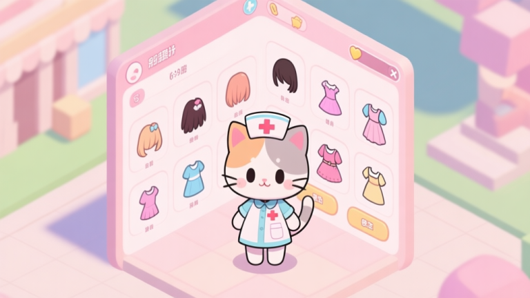 自动生成图片: A cute anime-style kitten nurse character standing in front of a game interface with multiple clothing categories like hair, dress, and accessories, soft pastel color palette, isometric view high quality illustration, detailed, 16:9