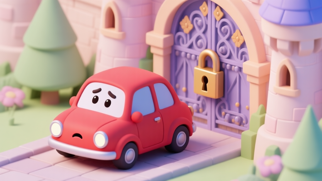 A cute red cartoon car with expressive headlights looking puzzled in front of a fairy tale castle gate with a complex lock mechanism, soft pastel colors, isometric view high quality illustration, detailed, 16:9