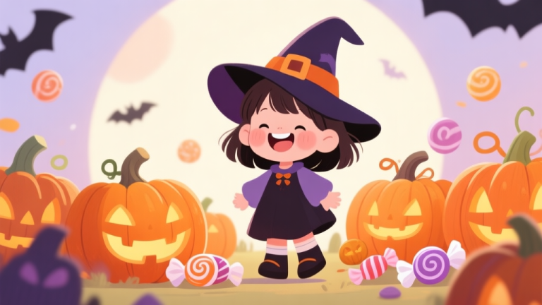 自动生成图片: A cheerful cartoon scene of a little girl in a witch costume smiling, surrounded by Halloween pumpkins and candy, in a bright and friendly illustration style, soft colors high quality illustration, detailed, 16:9
