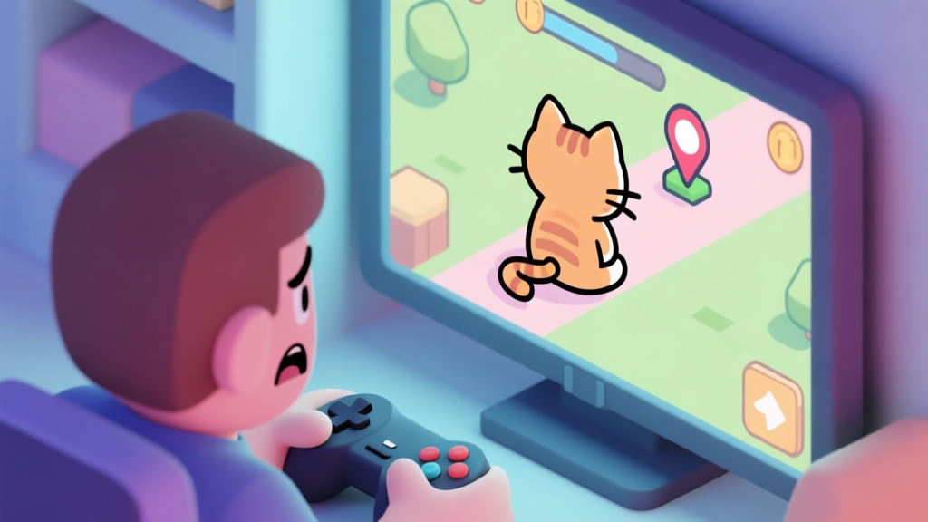 A frustrated game player looking at a screen where a cartoon kitten character is sitting stubbornly facing away from the game's objective marker, soft pastel colors, isometric view high quality illustration, detailed, 16:9