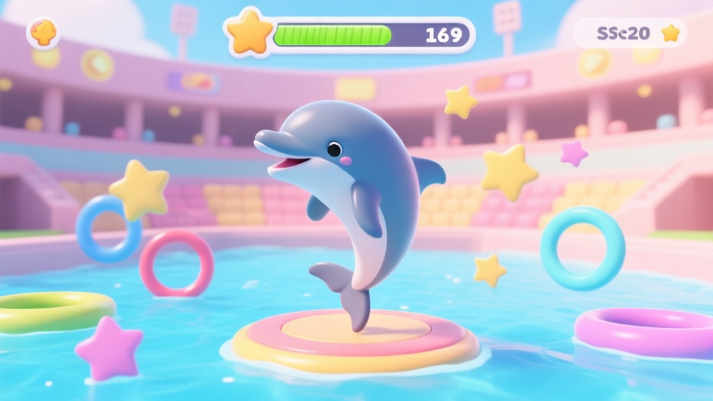 A vibrant and playful 3D render of a cartoon dolphin mid-performance in a game-like aquatic stadium, surrounded by colorful rings and stars, with a progress bar and score counter visible in a clean UI overlay, soft pastel color scheme high quality illustration, detailed, 16:9