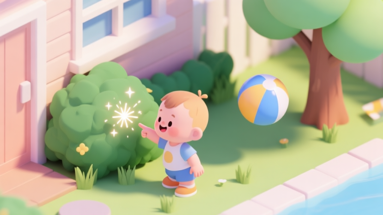 自动生成图片: A cheerful summer scene with a cartoon toddler exploring a backyard, pointing at hidden sparkles behind a bush and a floating beach ball near a tree, soft pastel colors, isometric view high quality illustration, detailed, 16:9
