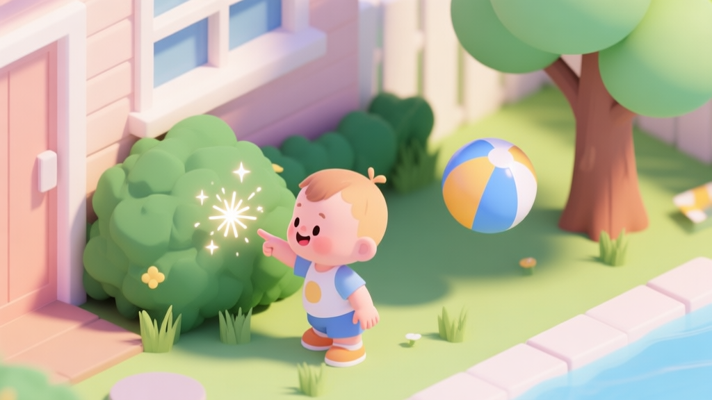 A cheerful summer scene with a cartoon toddler exploring a backyard, pointing at hidden sparkles behind a bush and a floating beach ball near a tree, soft pastel colors, isometric view high quality illustration, detailed, 16:9