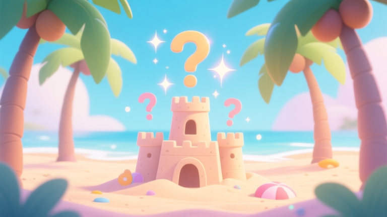 自动生成图片: A cheerful, cartoon-style summer beach scene with hidden sparkles and question marks behind palm trees and a sandcastle, soft pastel colors, inviting and mysterious atmosphere high quality illustration, detailed, 16:9