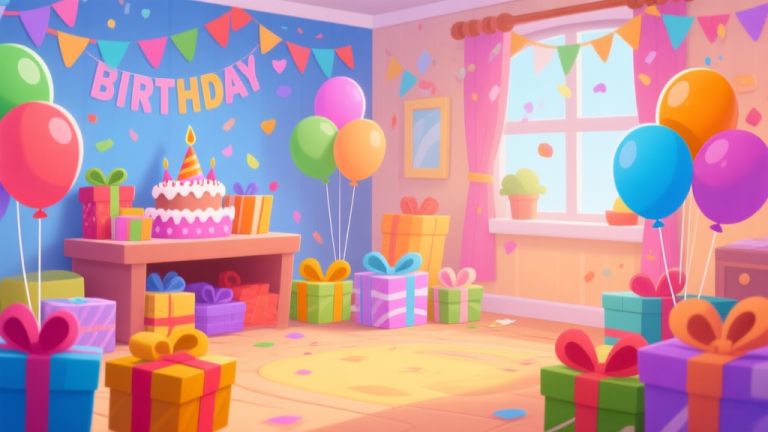 自动生成图片: A cheerful and colorful birthday party scene in a cartoon style, with wrapped presents, balloons, and a half-decorated room, conveying a sense of preparation and joyful anticipation high quality illustration, detailed, 16:9