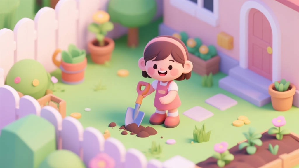 A cheerful cartoon scene of a little girl with gardening tools in a vibrant backyard, soft pastel colors, isometric view, friendly and educational game style high quality illustration, detailed, 16:9
