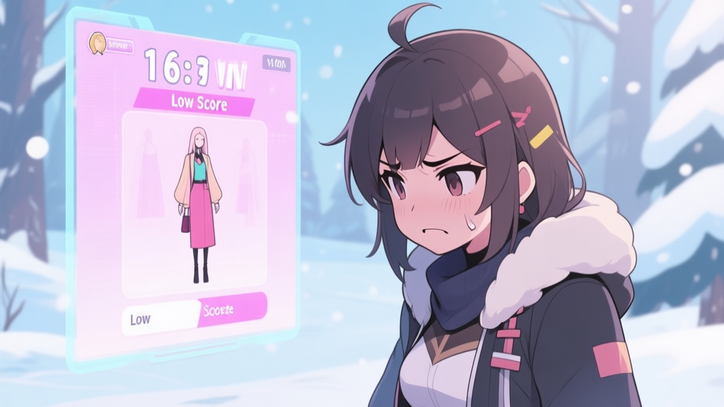 A frustrated female game character in a winter setting looking at a low score on a virtual fashion contest screen, soft pastel colors, anime-inspired game art style high quality illustration, detailed, 16:9