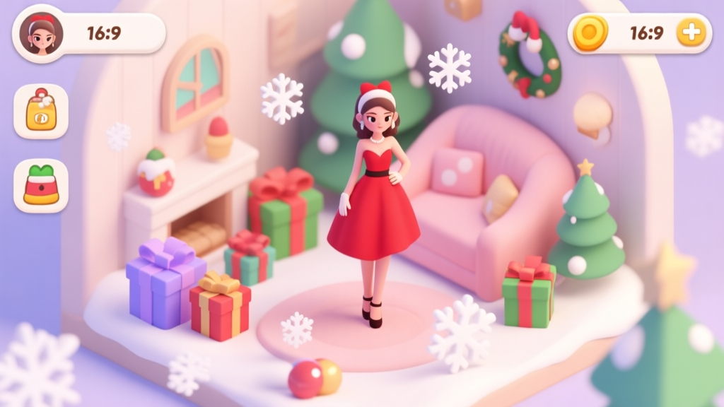 A cozy, festive mobile game screen showing a fashion model character surrounded by Christmas-themed in-game items like a red dress, gift boxes, and snowflakes, soft pastel color palette, isometric view high quality illustration, detailed, 16:9