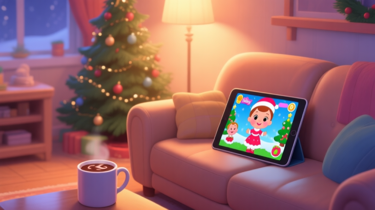 自动生成图片: A cozy, softly lit living room scene with a Christmas tree in the corner, a tablet displaying the Baby Hazel Christmas game on a couch, with a mug of hot chocolate nearby, warm and inviting color palette high quality illustration, detailed, 16:9