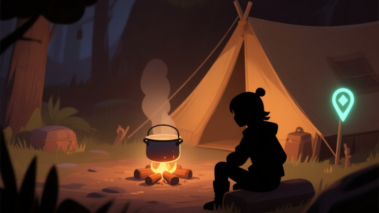 自动生成图片: A cozy, dimly lit in-game camp scene with a cooking pot over a small fire, a character silhouette nearby, and a subtle glowing quest marker in the corner, soft earthy color palette high quality illustration, detailed, 16:9