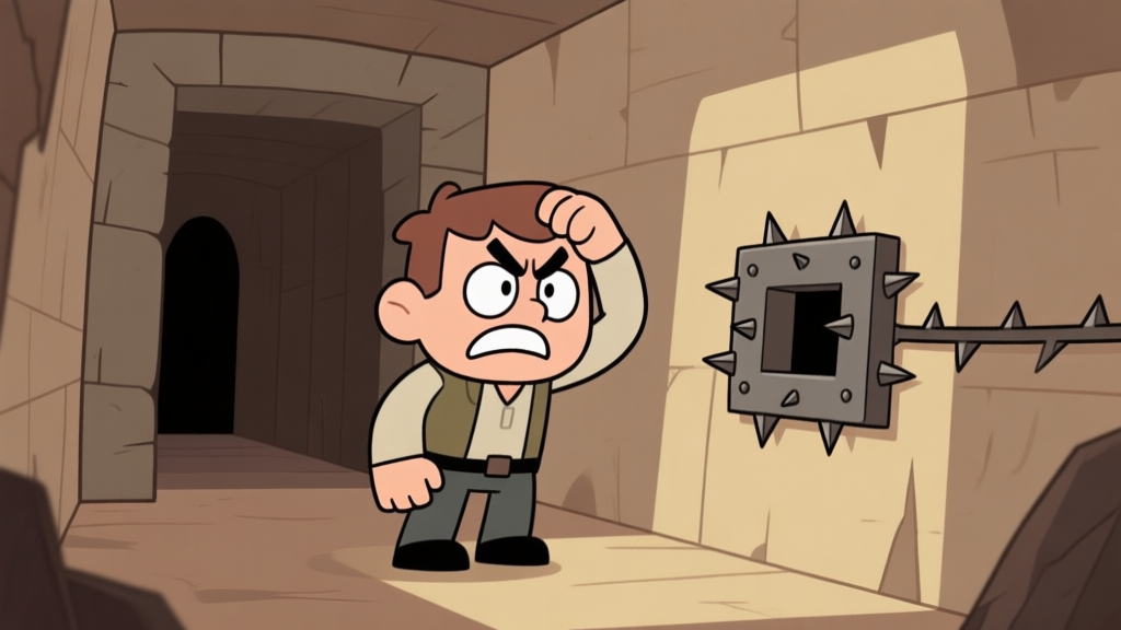 A frustrated game character in a simple tomb corridor, scratching head while looking at a spiked wall trap, soft lighting, cartoonish style with muted earthy tones high quality illustration, detailed, 16:9