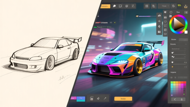 自动生成图片: A split-screen image showing a simple car sketch on one side and a highly detailed, vibrant custom car design in a racing video game on the other, with design tools interface visible, soft gaming aesthetic high quality illustration, detailed, 16:9