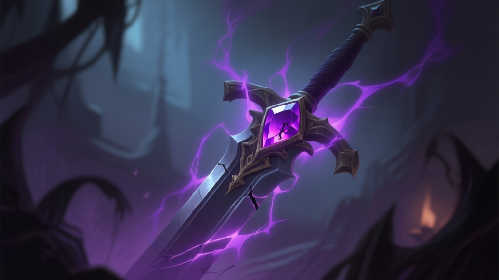 A dark fantasy game scene showing a glowing cursed gem embedded in a sword, with ominous purple energy crackling around it, soft lighting, muted colors high quality illustration, detailed, 16:9