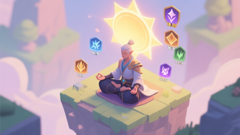 自动生成图片: A serene, isometric view of a fantasy game character meditating under a glowing sun, with skill icons and stat numbers floating gently around them, soft pastel color palette, digital painting style high quality illustration, detailed, 16:9