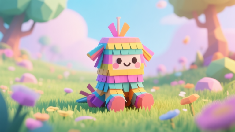 自动生成图片: A cute, colorful 3D game asset of a piñata creature, sitting in a vibrant fantasy meadow, soft pastel colors, low-poly style, inviting and friendly atmosphere high quality illustration, detailed, 16:9