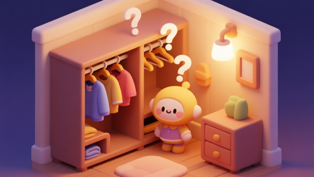 A cozy, warm-toned game scene showing a cute character's closet with missing clothing items, question marks above empty hangers, soft lighting, isometric view high quality illustration, detailed, 16:9
