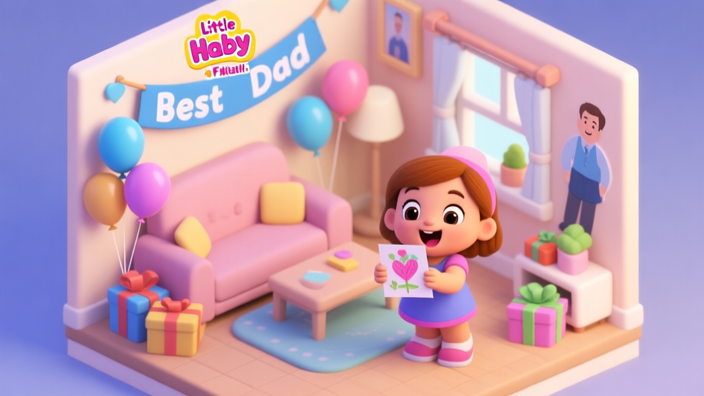 A cozy, isometric game scene in the style of Little Baby Hazel, showing a living room decorated for Father's Day with balloons, a "Best Dad" banner, and wrapped presents. Hazel is holding a handmade card, looking excited. Soft pastel color palette. high quality illustration, detailed, 16:9