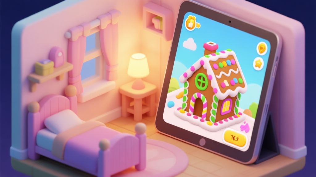 A cozy, isometric view of a child's room in a mobile game, with a tablet screen showing a colorful gingerbread house construction interface, warm lighting, soft pastel colors high quality illustration, detailed, 16:9