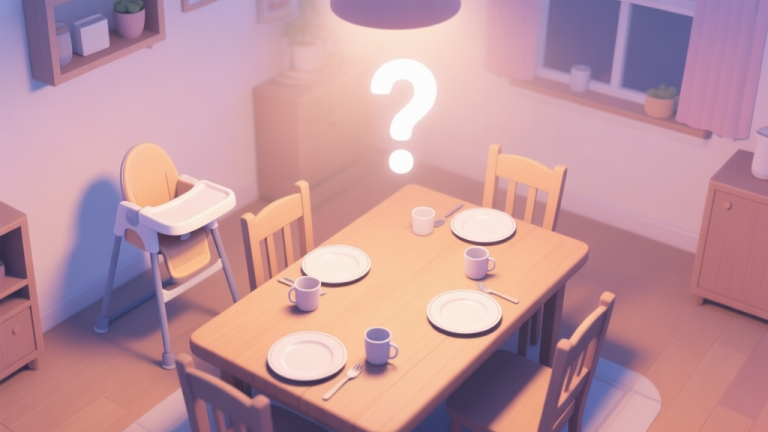 自动生成图片: A cozy, softly lit dining room scene from a top-down perspective, with empty plates and cups neatly arranged on a wooden table, a high chair waiting, and a faint question mark hovering above, in a gentle pastel color palette high quality illustration, detailed, 16:9