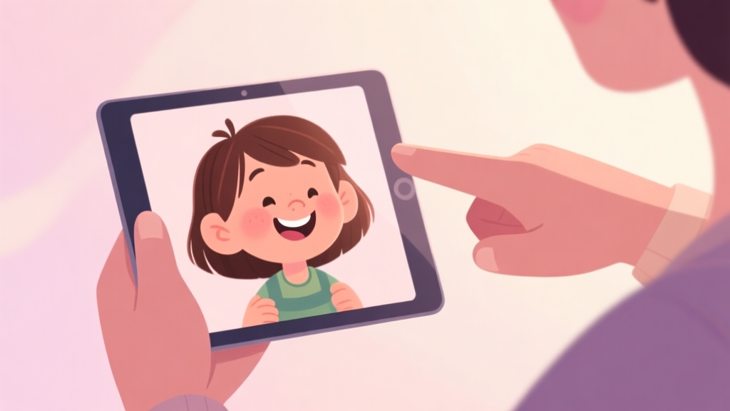 A cozy, heartwarming illustration of a child's hand holding a tablet, showing the character Hazel smiling on screen. Another hand, perhaps a sibling or parent's, is pointing at the screen. Soft pastel background, gentle lighting, flat design style. high quality illustration, detailed, 16:9