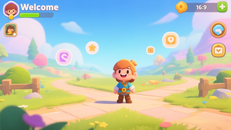 自动生成图片: A welcoming and vibrant game scene from a beginner-friendly open world RPG, showing a cheerful customizable character standing at a crossroads in a sunny, colorful landscape with clear UI icons floating gently, soft pastel color palette high quality illustration, detailed, 16:9