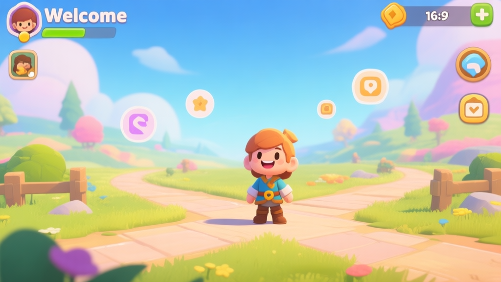 A welcoming and vibrant game scene from a beginner-friendly open world RPG, showing a cheerful customizable character standing at a crossroads in a sunny, colorful landscape with clear UI icons floating gently, soft pastel color palette high quality illustration, detailed, 16:9