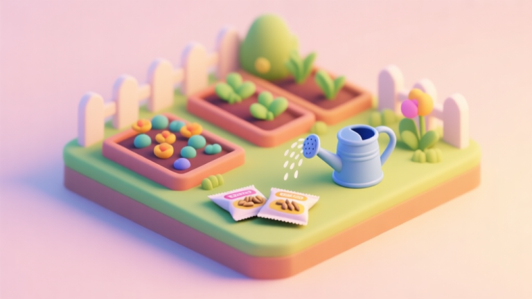 自动生成图片: A cheerful, isometric view of a small virtual garden with colorful plots, a watering can, and packets of seeds, rendered in a soft pastel color palette with a warm, inviting glow high quality illustration, detailed, 16:9