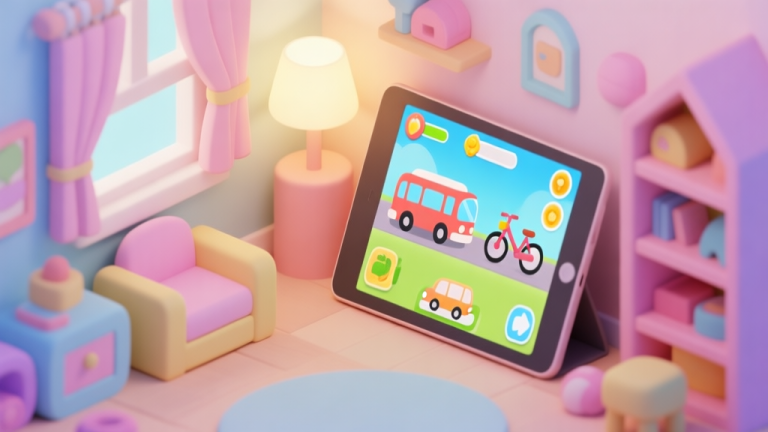 自动生成图片: A cheerful, isometric view of a colorful playroom with a tablet showing a game interface featuring cartoon vehicles like a bus and a bicycle, soft pastel colors, cozy lighting high quality illustration, detailed, 16:9