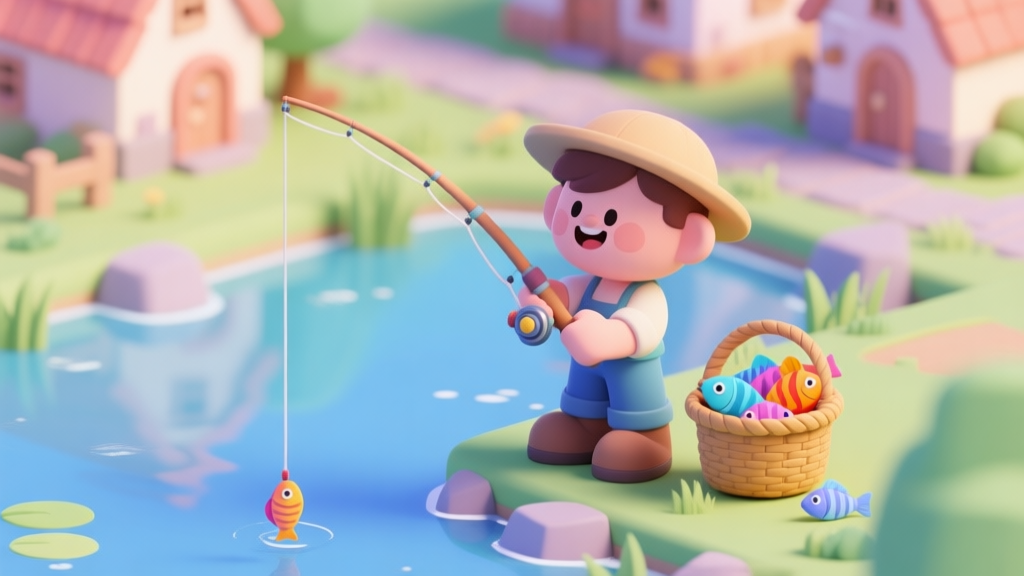 A cheerful cartoon character fishing by a serene pond in a vibrant village, with a fishing rod and a basket full of colorful fish, soft pastel colors, isometric view high quality illustration, detailed, 16:9