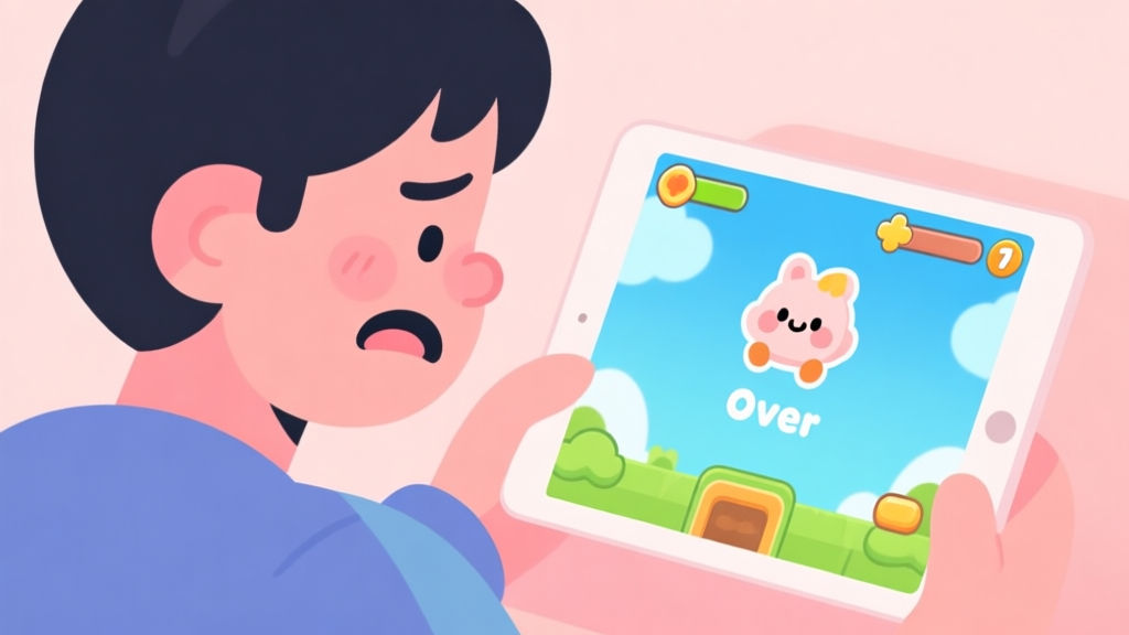 A frustrated player looking at a tablet screen showing a game over screen in a cute kids game, soft pastel colors, flat illustration style high quality illustration, detailed, 16:9