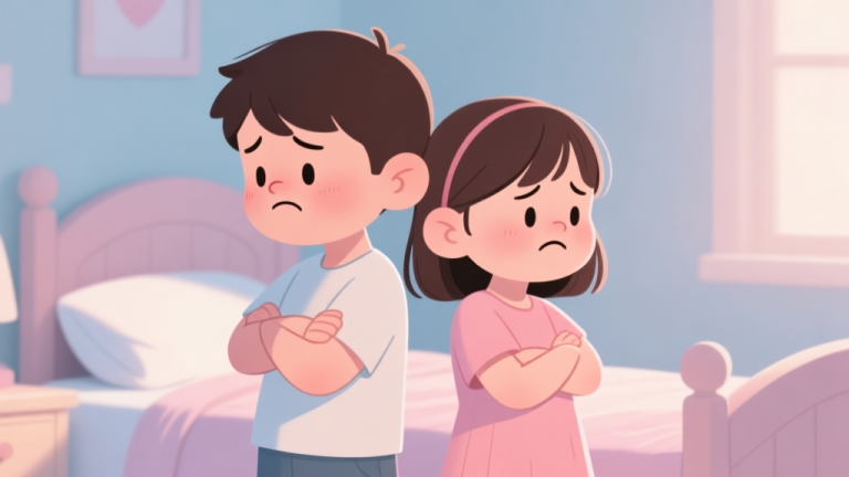自动生成图片: A stylized, heartwarming illustration of two cartoon siblings, a slightly older brother and a younger sister, in a cozy bedroom setting. They are back-to-back with arms crossed, pouting, but with subtle playful smiles. Soft pastel color palette, clean lines, conveying a lighthearted sibling conflict. high quality illustration, detailed, 16:9