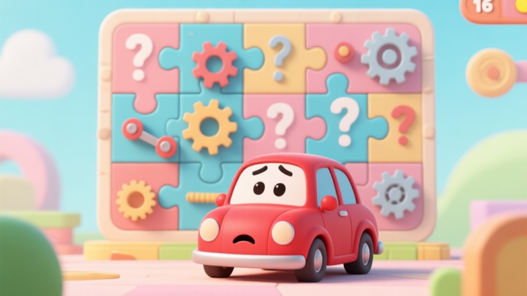 自动生成图片: A cute red cartoon car looking confused in front of a complex puzzle with gears, levers, and question marks, in a bright and playful game scene, soft pastel colors high quality illustration, detailed, 16:9