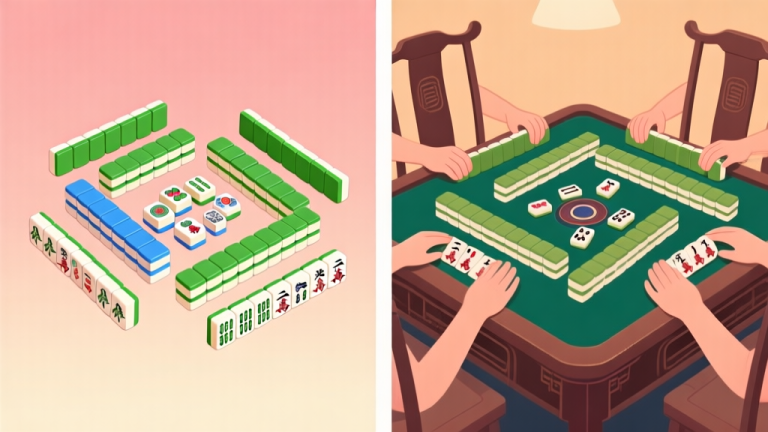 自动生成图片: A split-screen illustration showing two distinct mahjong setups. Left side: a neat, single-player Mahjong Solitaire layout with colorful tiles on a soft gradient background. Right side: a more complex, traditional four-player mahjong table with hands of tiles, in a warm, subdued color palette. high quality illustration, detailed, 16:9