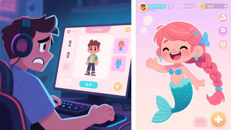 自动生成图片: A split-screen illustration showing on one side a frustrated gamer looking at a character customization screen, and on the other side a joyful character with a cute fishtail braid hairstyle, in a soft pastel color palette with game UI elements high quality illustration, detailed, 16:9
