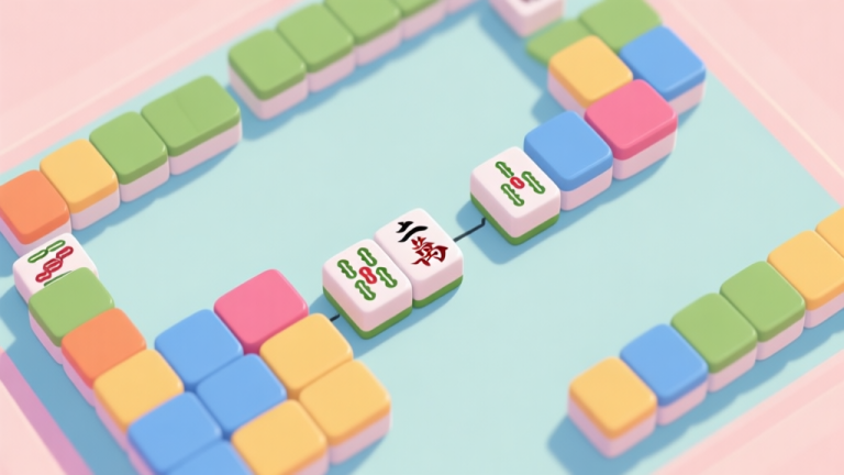自动生成图片: A top-down view of a colorful Mahjong Connect puzzle in progress, showing a clear path being formed between two matching tiles, soft pastel background high quality illustration, detailed, 16:9