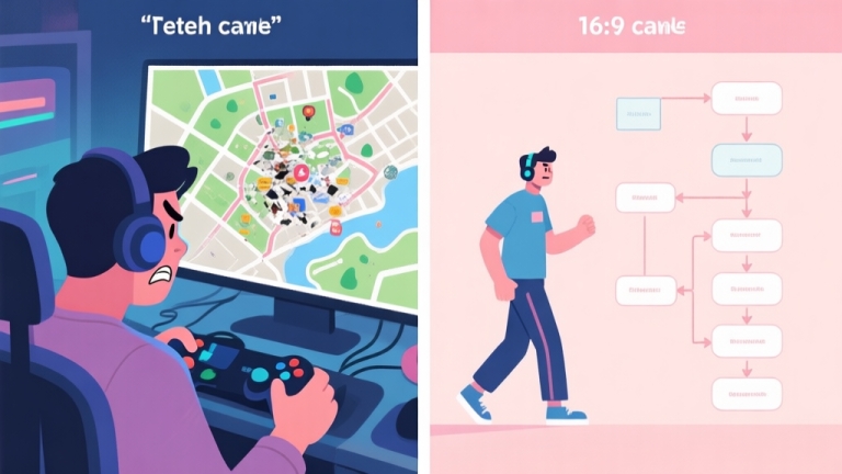 自动生成图片: A split-screen illustration showing a frustrated gamer looking at a messy in-game map on one side, and a confident gamer following a clear, systematic flowchart on the other, in a soft pastel color scheme high quality illustration, detailed, 16:9
