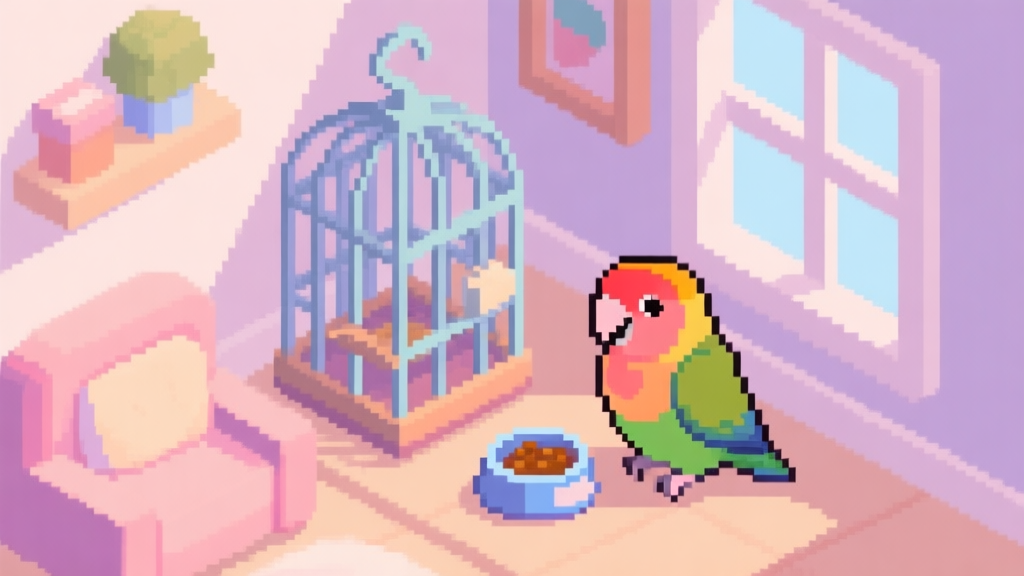 A cozy, isometric pixel art scene of a virtual room with a detailed bird cage, a small food bowl, and a colorful lovebird perched happily, soft pastel color palette high quality illustration, detailed, 16:9