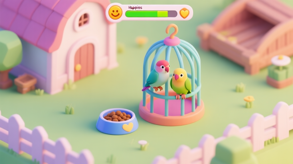 A cozy, isometric view of a digital farm game screen showing a colorful bird cage with two lovebirds, a food bowl, and a happiness meter above it, in a soft pastel color palette high quality illustration, detailed, 16:9