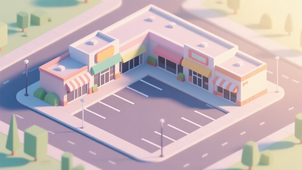 A serene, isometric view of a small, empty mall lot with a few basic shops, soft morning lighting, pastel color palette, flat design style high quality illustration, detailed, 16:9