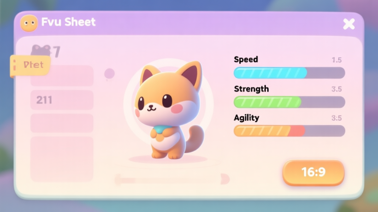 自动生成图片: A cute, stylized virtual pet character sheet on a game UI, showing stats like Speed, Strength, and Agility with progress bars, set against a soft pastel background high quality illustration, detailed, 16:9