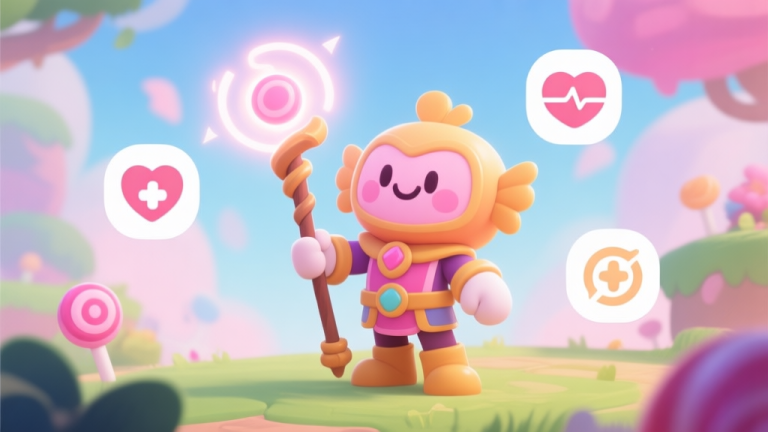 自动生成图片: A friendly, stylized candy-themed hero character in a vibrant game environment, holding a staff that emits a soft healing glow, surrounded by abstract icons representing health, support, and strategy, in a soft pastel color palette high quality illustration, detailed, 16:9