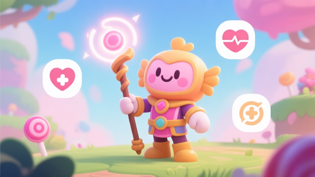 A friendly, stylized candy-themed hero character in a vibrant game environment, holding a staff that emits a soft healing glow, surrounded by abstract icons representing health, support, and strategy, in a soft pastel color palette high quality illustration, detailed, 16:9