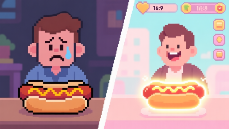 自动生成图片: A split-screen illustration showing a disappointed cartoon customer on the left with a poorly made pixel-art hot dog, and a happy customer on the right with a perfect, glowing hot dog in a game-style UI, soft pastel color palette high quality illustration, detailed, 16:9
