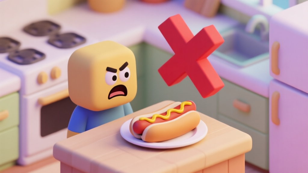 A frustrated game character in a cartoon kitchen looking at a poorly assembled hot dog on a plate, with a large red "X" above it, soft pastel colors, isometric view high quality illustration, detailed, 16:9