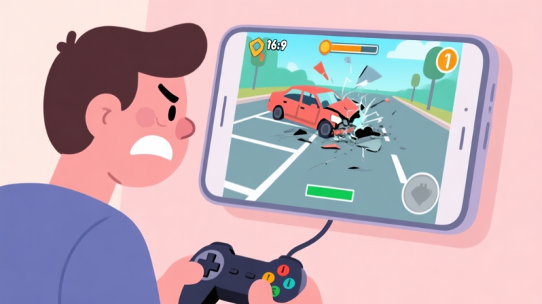 自动生成图片: A frustrated gamer looking at a smartphone screen showing a car crashing in a parking game, soft pastel colors, simple cartoon style high quality illustration, detailed, 16:9
